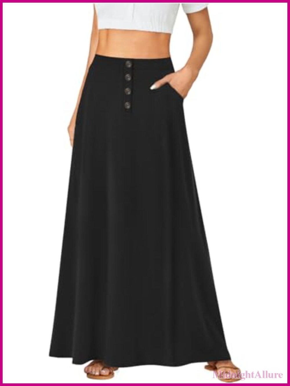 High Waist Button Front A-Line Long Maxi Skirt with Pockets